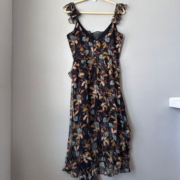 NICHOLAS Dresses & Skirts - Nicholas Midi Dress US 6 Black Silk Romantic Asymmetric Floral Fairy Whimsygoth